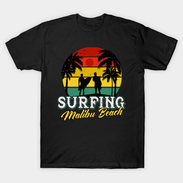 Surfing Malibu Beach Vacation Retro Surfer T-Shirt by Foxxy Merch